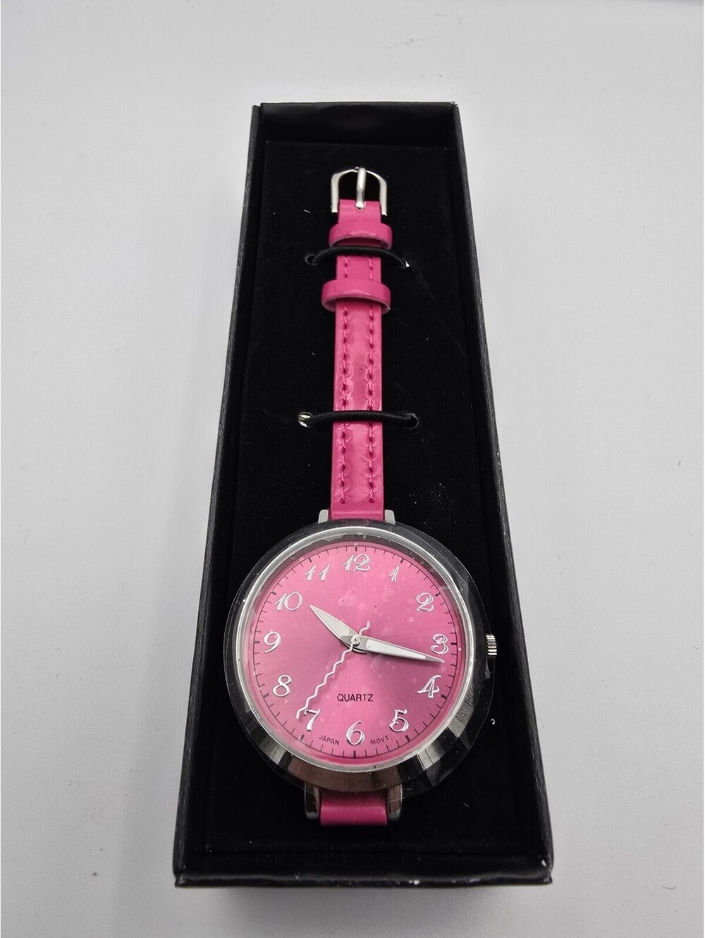 Wristwatch Hot Pink Buckle Band Silver Tone Round Face Squiggly Hand